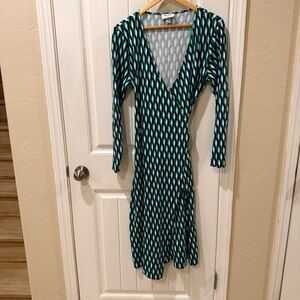 Diane Von Furstenberg Teal and White Geometric Long Sleeve Dress
